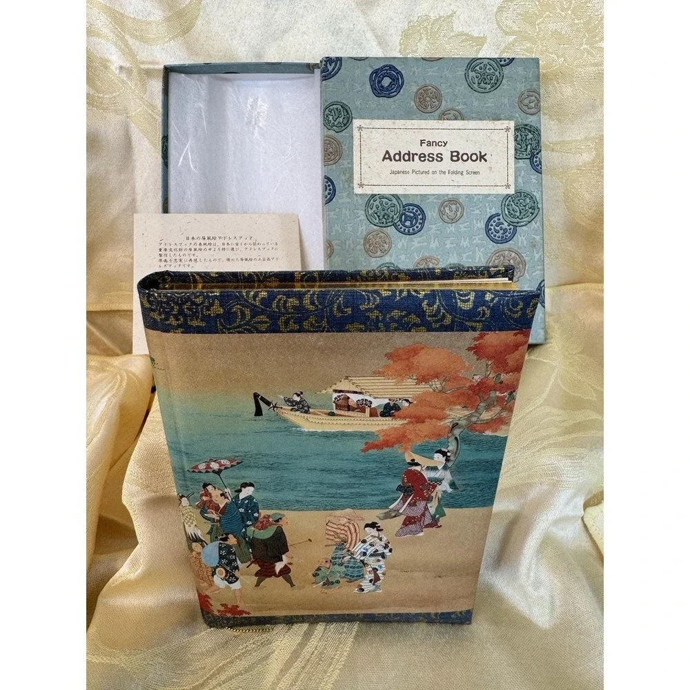 Japanese Kano School Four Seasons Address Book Folding Screen Art Boxed VTG
